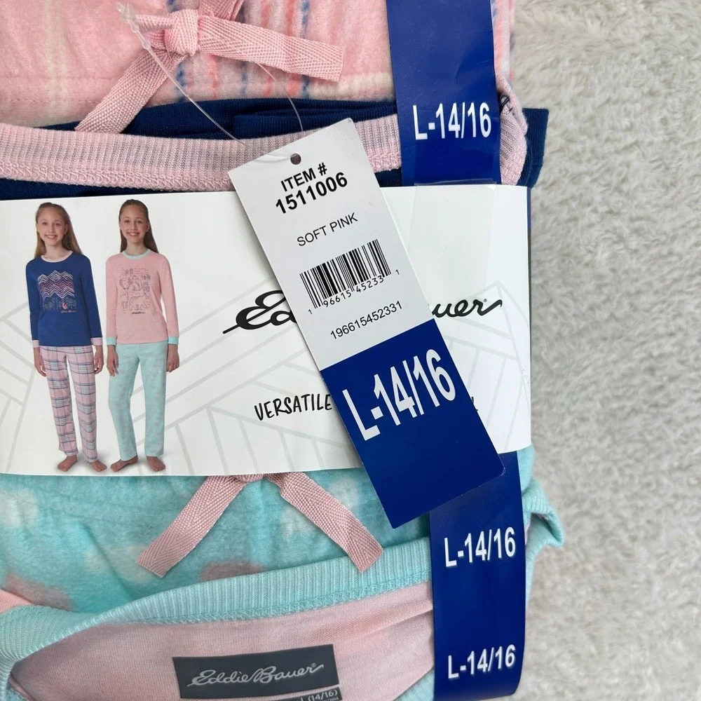 NWT Eddie Bauer Kids Pajama Set Girls L 14/16 Pink Blue Fleece 4 Piece Sleep Set